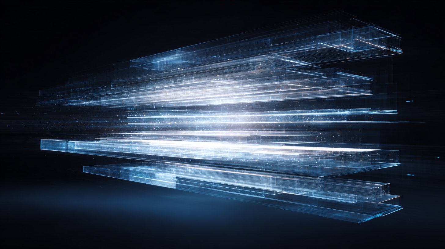 Abstract visualization of AI architecture layers and control